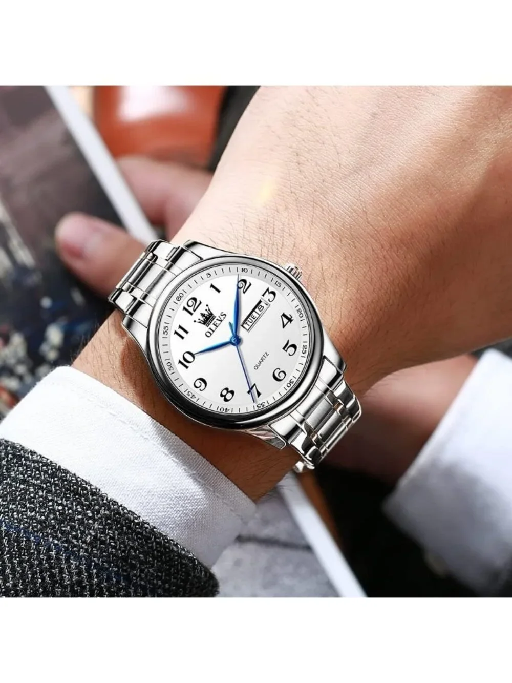 Olevs Mens Silver Luxury Stainless Steel White Face Analog Quartz Luminous Watch